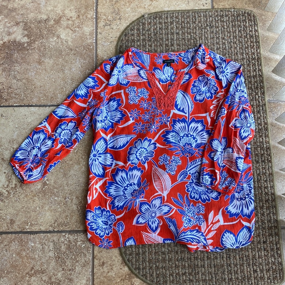 Talbots Patriotic Long Sleeve Floral Blouse, Size M